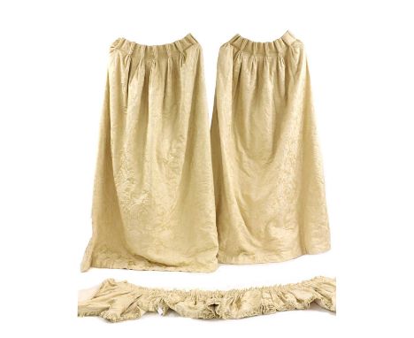 A pair of cream damask silk curtains, of recent manufacture, with Chinoiserie bird and foliate decoration, 200cm wide, 234cm 