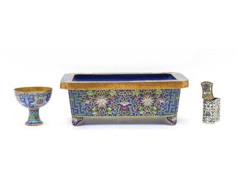 A small cloisonne jardiniere, of canted rectangular shape with typical lotus and scroll decoration key border, early 20th cen