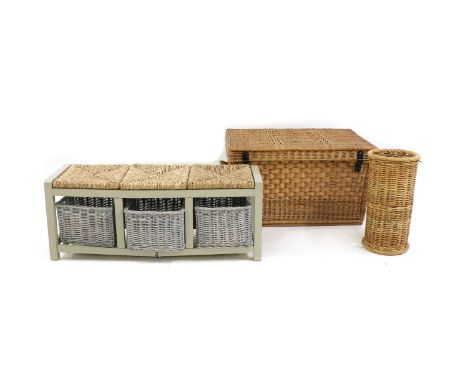 A modern hallway seat, painted in olive, with three rush seated panels, with three woven boards below, 109cm wide, 35cm deep,