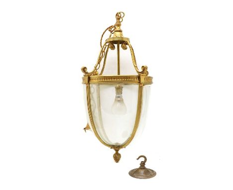 A Regency style brass and glass hall lantern, of pendant form with pineapple finial, 53cm high, together with a white opaque 
