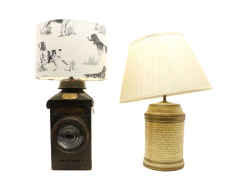 An "Adlake" No. 22 patent railway lamp, adapted for electricity and now with modern dog theme shade, together with a Laura As