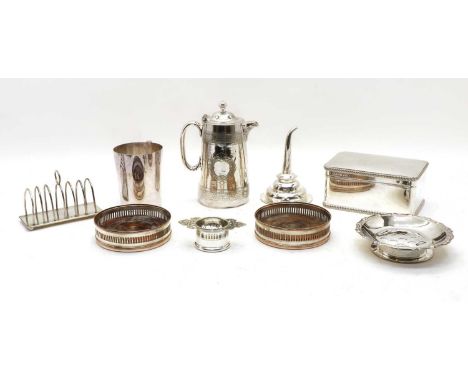 A collection of silver plated items, comprising a pair of wine coasters, a Georgian style wine funnel, a mug, a teapot, a tea