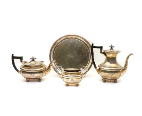 A Walker &amp; Hall silver plated three piece tea set, comprising a teapot, hot water pot and twin handled sugar, of bombe fo