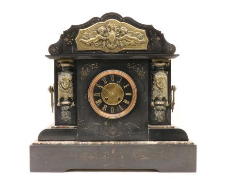 A Victorian slate mantel clock, with two train movement, of Neoclassical taste, with veined marble accents and brass mounts, 