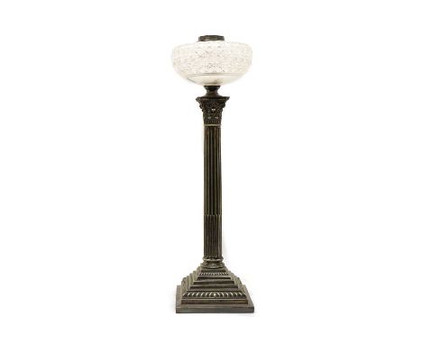 A Victorian silver plated Corinthian column oil lamp, fitted facet cut reservoir on stepped plinth base, 49cm highCondition r