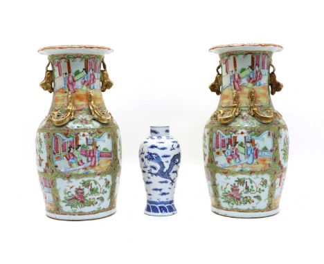 A pair of Chinese vases with gilded Dragon handles, Canton, 19th century, with enamelled figural decoration, 35.5cm high, tog