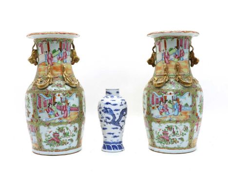 A pair of Chinese vases with gilded Dragon handles, Canton, 19th century, with enamelled figural decoration, 35.5cm high, tog