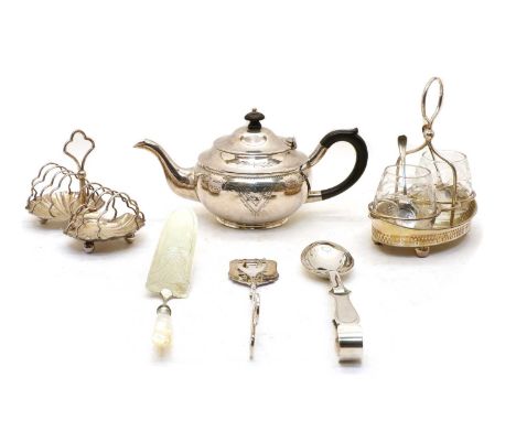 Silver and silver plated items, the silver items comprise: overlaid glass teapot stand and butter knife, the plated items inc