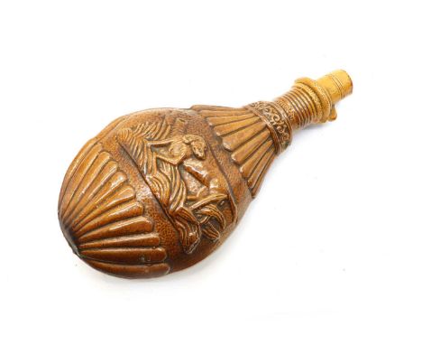 A salt-glazed stoneware powder flask, 19th century, decorated in relief with hunting bands, 20cm longCondition report: Small 