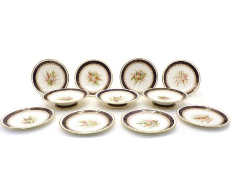 A 19th century Royal Worcester part dessert service, comprising eight dessert plates and three comports, each centre with a f