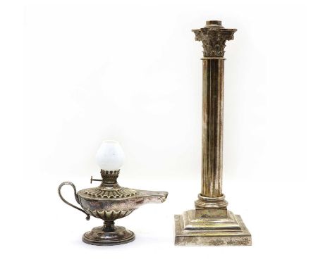 A late Victorian Hinks silver pated oil lamp, in the form of an Arabic slipper-shaped oil lamp, with a small opaque glass sha