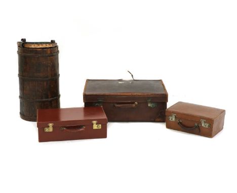 Three leather suitcases, an iron bound coopered stick stand and a leather bucket with copper rim, stick stand 55cm highCondit