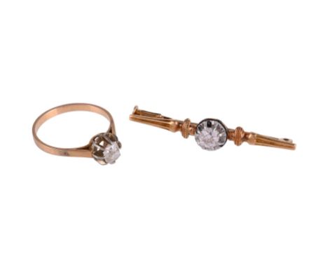 
	
		A SINGLE STONE DIAMOND RING AND A DIAMOND BAR BROOCH
		The ring with a cushion cut diamond estimated to weigh 0.46 carat