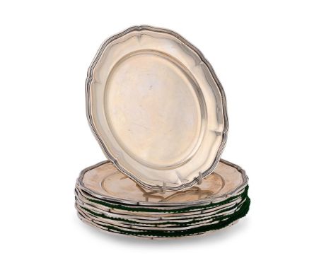 
	
		A SET OF TWELVE SILVER COLOURED SHAPED CIRCULAR PLATES
		STAMPED 800
		With a moulded border
		19cm (7 1/2in) diameter
	