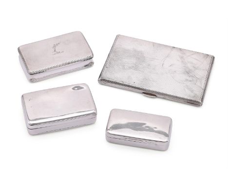 THREE SILVER SNUFF BOXES AND A CIGARETTE CASE To include: a George III rectangular snuff box, maker's mark WE, London 1808, t