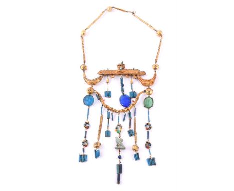 ATTRIBUTED TO LISA SOTILIS, AN ANTIQUE STYLE FRINGE NECKLACE The shaped front piece with wire decoration, suspending a gold c