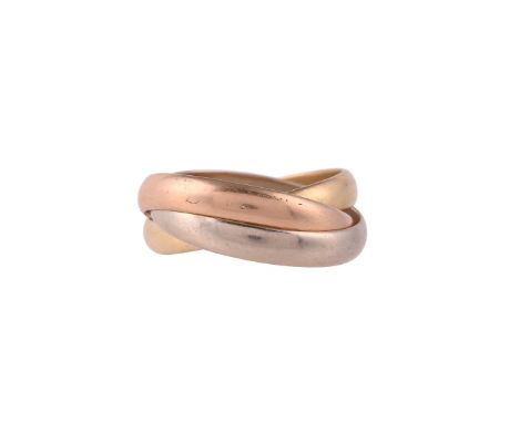 
	
		A TRINITY RING
		With three colour interlocking bands, with very rubbed Must de Cartier stamp, the inner band stamped wi