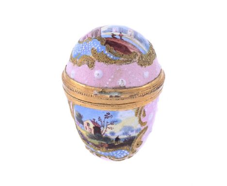 
	
		A SOUTH STAFFORDSHIRE ENAMEL HINGED BOX AND COVER
		OF EGG FORM
		With gilt metal mounts, a pink ground, decorated reser