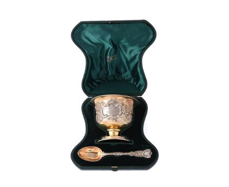 
	
		A CASED VICTORIAN SILVER GILT PEDESTAL BOWL AND SPOON
		THE BOWL BY SAMUEL WHITFORD, LONDON 1865, THE SPOON BY FRANCIS H