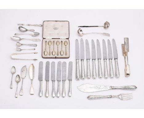 
	
		A COLLECTION OF SILVER FLATWARE
		To include: a pair of Victorian fiddle and thread pattern serving tongs by George Adam