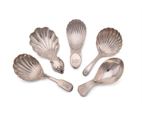 
	
		FIVE SILVER CADDY SPOONS
		Comprising:  A William IV fiddle pattern caddy spoon by William Eaton, London 1831, engraved 