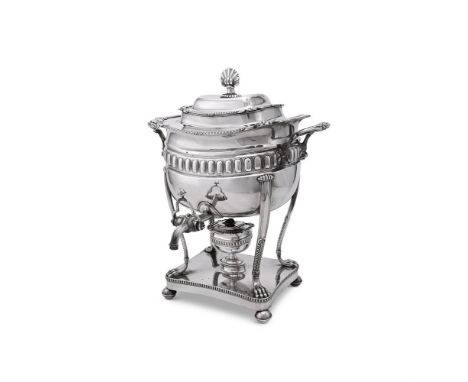 
	
		AN ELECTRO-PLATED TEA URN
		With a shell shaped finial to the domed cover, gadrooned borders with shells and flowers at 