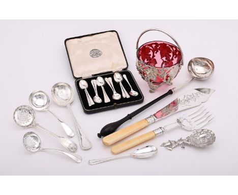 
	
		A COLLECTION OF SILVER FLATWARE
		To include: a George II silver toddy ladle, maker's mark obscured, London 1730, with a