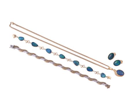 
	
		A SMALL COLLECTION OF OPAL DOUBLET/TRIPLET JEWELLERY
		Comprising an opal doublet bracelet, the polished shaped opal pan