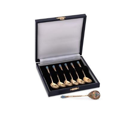 
	
		A SET OF SEVEN RUSSIAN SILVER GILT AND CLOISONNE ENAMEL COFFEE SPOONS
		MOSCOW 1908 - 1917 KOKOSHNIK MARK, 84 ZOLOTNIKI
