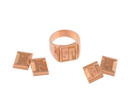 
	
		A FRENCH 1940S GOLD COLOURED SIGNET RING AND SIMILAR CUFFLINKS
		The ring with a polished rectangular panel engraved wit