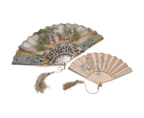 Y&nbsp;A MOTHER OF PEARL FAN The sticks pierced and gilded with flowers, the paper fan painted with figures in a garden setti