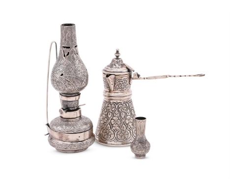 
	
		AN EGYPTIAN SILVER COLOURED TAPERING COFFEE POT
		.900 STANDARD
		With a turned finial to the domed cover, a straight si