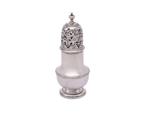 
	
		A GEORGE II SILVER BALUSTER CASTER
		THOMAS BURRIDGE, LONDON 1732
		With an orb finial to the pierced domed cover, the b