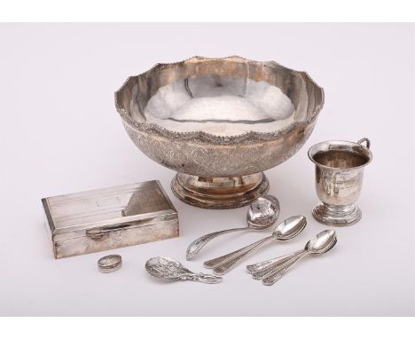 
	
		A SILVER COLOURED PEDESTAL BOWL
		STAMPED 84
		The shaped circular border chased with foliage, engraved with scrollwork 
