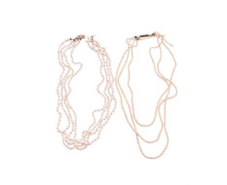 
	
		TWO PEARL NECKLACES
		The first with four rows of slightly graduated pearls, on a knotted strand, to a diamond and pearl