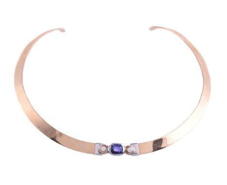 
	
		A 9 CARAT GOLD, DIAMOND AND SAPPHIRE COLLAR NECKLACE BY ANTHONY JAMES FURMINGER  LONDON 2001 
		The two colour polished 