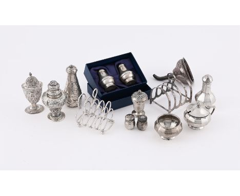 
	
		A COLLECTION OF SILVER CRUET ITEMS
		To include: a three piece baluster cruet set by Gorham Manufacturing Co., Birmingha