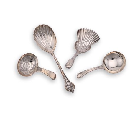 
	
		FOUR SILVER CADDY SPOONS
		Comprising: a Victorian caddy spoon by Lias Brothers, London 1869, with a scroll handle and s