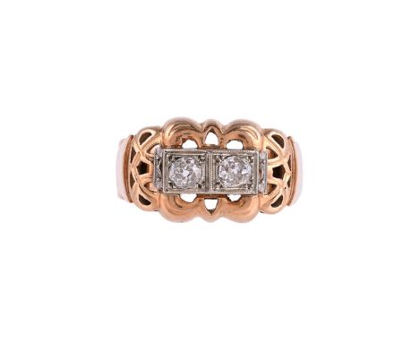 
	
		A 1940S FRENCH TWO STONE DIAMOND RING
		The two old mine cut diamonds in squared millegrained settings, approximately 0.