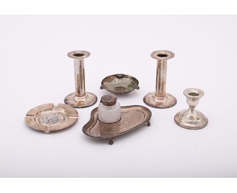 
	
		A COLLECTION OF SILVER ITEMS
		To include: a Victorian silver ink stand by Rupert Favell, London 1885, with a beaded bor