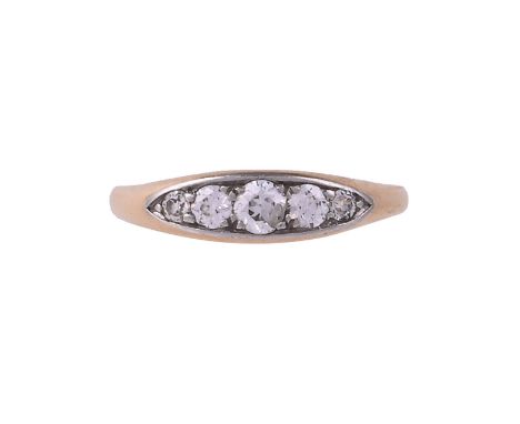 
	
		AN EARLY 20TH CENTURY FIVE STONE DIAMOND RING
		The marquise shaped panel set with five graduated old European cut diamo
