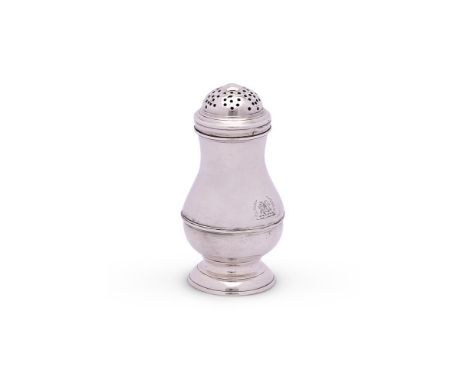 A GEORGE I SILVER BALUSTER PEPPERETTE JOHN GIBBONS, LONDON 1726 With a pierced domed cover, engraved with a crest and on a ci