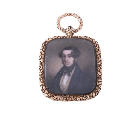 
	
		AN EARLY VICTORIAN DOUBLE SIDED GLAZED LOCKET 
		CIRCA 1840
		The locket with a painted portrait of a man wearing a blac