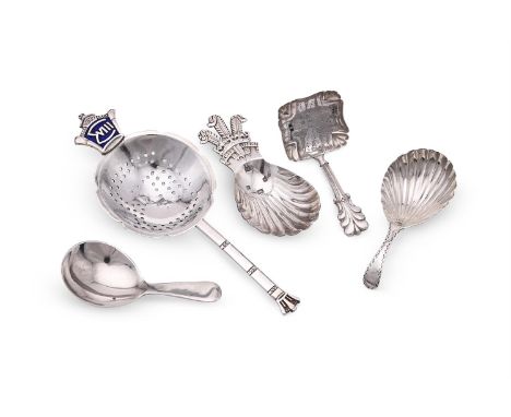 
	
		A COLLECTION OF CADDY SPOONS
		To include: a silver caddy spoon by Roberts &amp; Belk Ltd., Sheffield 1981, with a shell