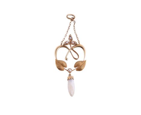 
	
		AN ART NOUVEAU MISSISSIPPI PEARL AND SEED PEARL PENDANT 
		CIRCA 1910
		The heart shaped whiplash motif with seed pearl 