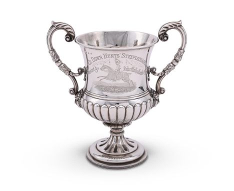 A GEORGE III SCOTTISH SILVER TWIN HANDLED TROPHY CUP JAMES MCKAY, EDINBURGH 1819 With twin leaf capped scroll handles, the ha