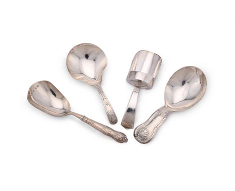 
	
		FOUR SILVER CADDY SPOONS
		Comprising: a George III caddy spoon by Josiah Snatt, London 1803, with a shovel shaped bowl,