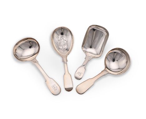 
	
		FOUR SILVER FIDDLE PATTERN CADDY SPOONS
		To include: a George IV caddy spoon by Thomas Watson, New Castle 1827, engrave