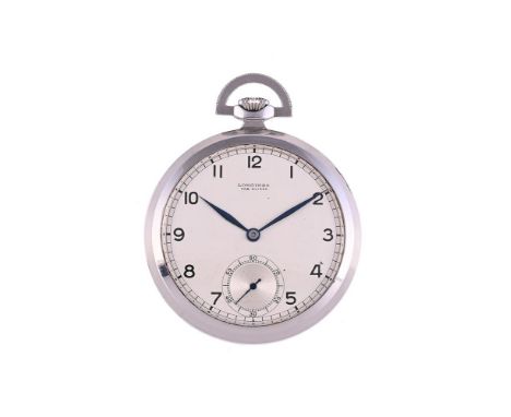 
	
		LONGINES 
		A STAINLESS STEEL KEYLESS WIND OPEN FACE POCKET WATCH, NO. 5588039
		Movement: Lever movement, bimetallic sp