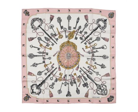 
	
		HERMÈS, LES CLES, A CREAM AND PINK SILK SCARF
		The scarf with cream ground and pale pink border and grey tone keys, des